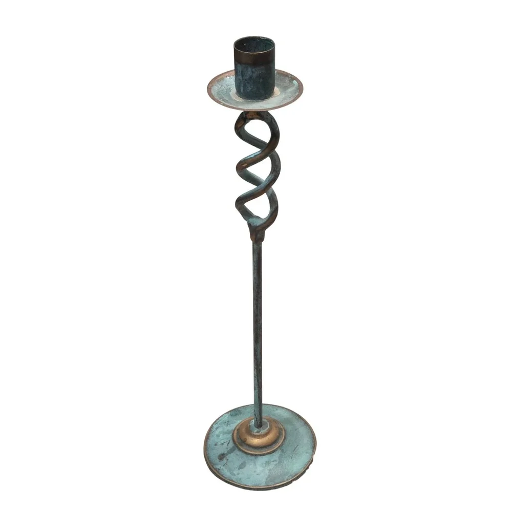 Vintage Brass Turquoise Verdigris Patina Candlestick Holder Twisted Helix 13 in.